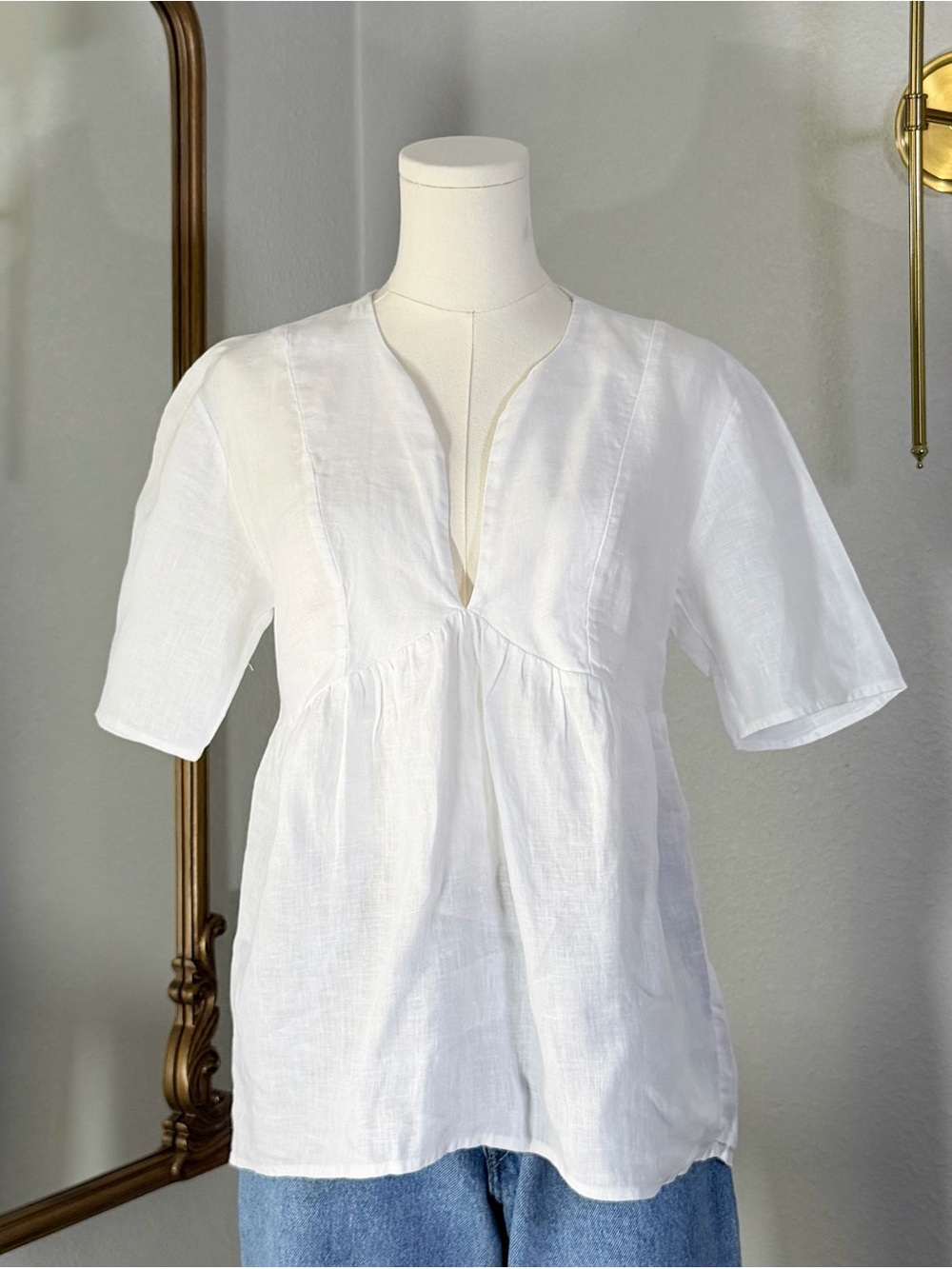 James Perse Linen Deep V Neck Empire Waist Tunic Top White Size 1 S Coastal⁠